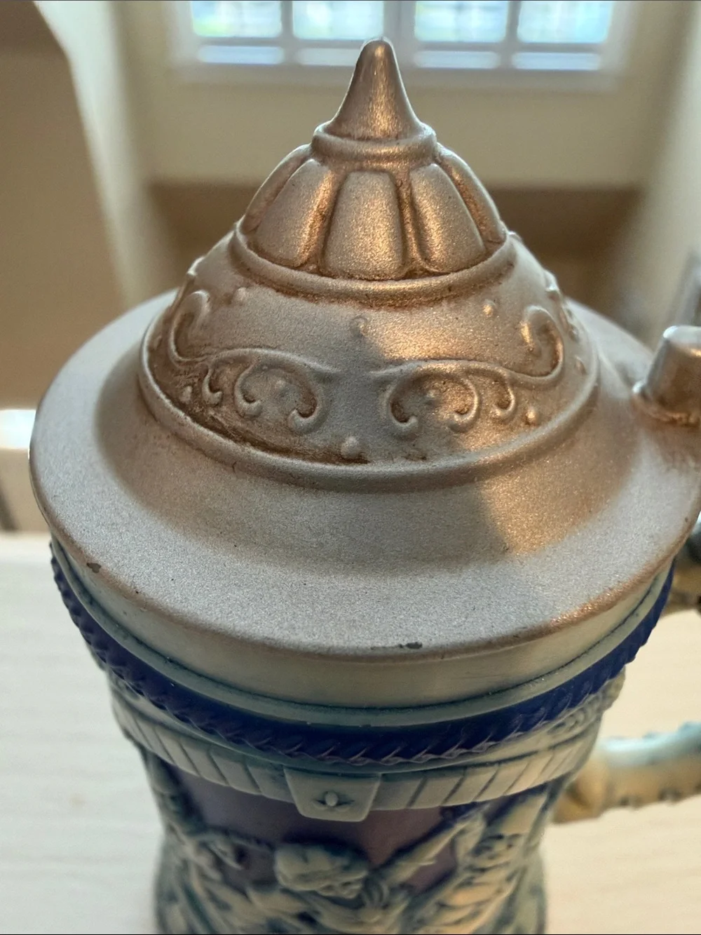 Hallmark Blue and White Ceramic-Style Beer Stein Ornament with Pewter-Tone Lid